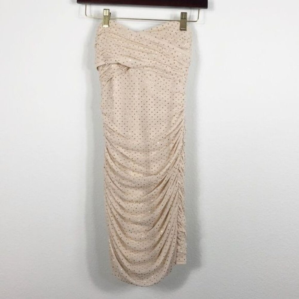 Bebe Beige Mesh Gold Studs Strapless Dress New Years Eve Wedding Date Size Small - Picture 2 of 7
